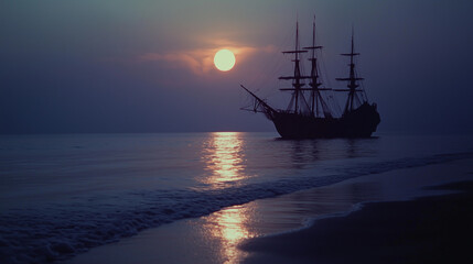 Obraz premium The silhouette of a pirate ship against the backdrop of a setting sun reflecting in the calm ocean waters