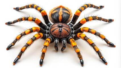 A vibrant black and orange spider with eight agile legs sprawls across a pristine white background, perfect for