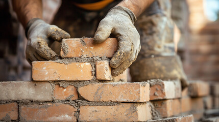 Bricklayer Building Wall with Clay Bricks 
