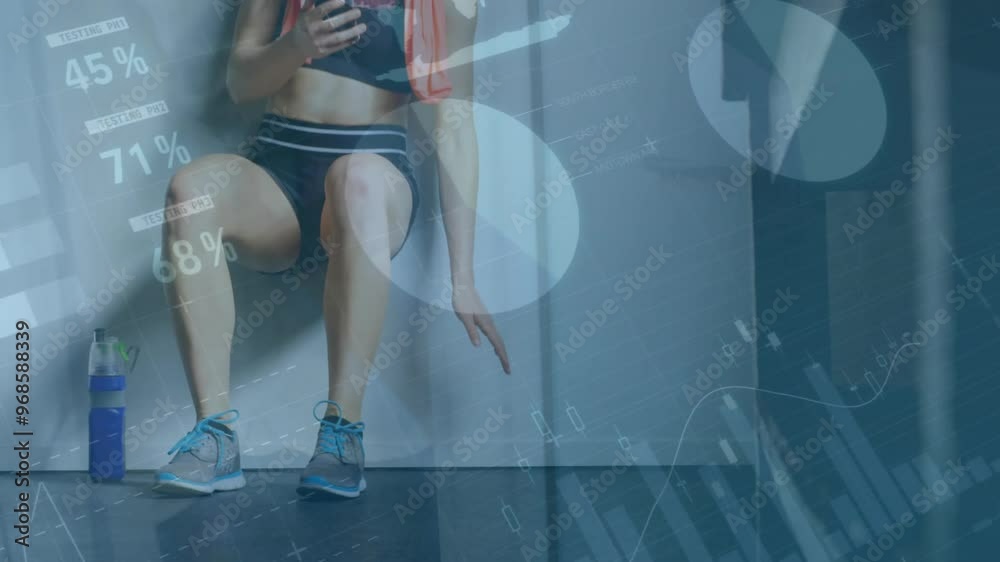 Wall mural Animation of data processing and diagrams over caucasian woman using smartphone at gym