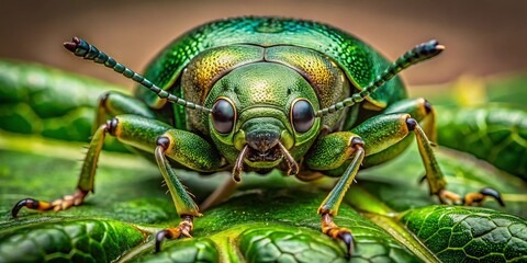 A vibrant green insect, its body as big as a thumb, crawls across the leaf, its oversized, bulging