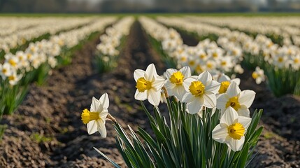 Fototapeta premium Renowned Dutch flower fields in bloom, showcasing rows of vibrant white and yellow daffodils.