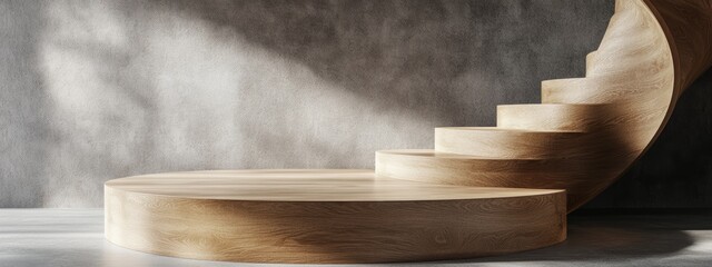 Naklejka premium Spiral wooden podium with a smooth, twisting design and natural wood grain texture. Platform for product presentation