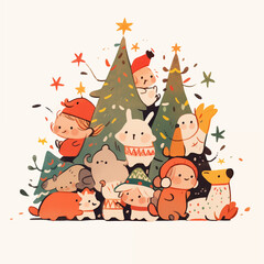 Naklejka premium kids and their christmas tree