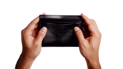 Empty black wallet in hands on transparent background