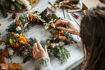 Female florist designing a seasonal wreath with autumn leaves and flowers. The workspace is filled with seasonal decorations and tools
