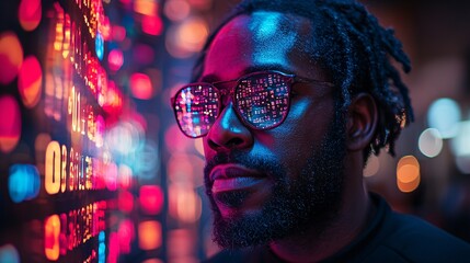 A man accessing decentralized financial services through his mobile phone, with virtual financial data projected around him.