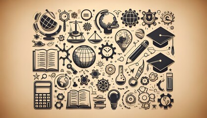 Education symbols on paper background representing learning concept.