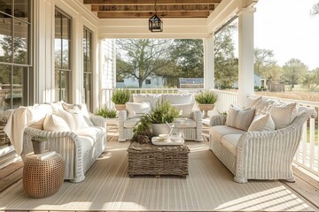 Symmetrical large front porch with white wicker furniture, farmhouse style decor, neutral tones, and clean lines, captured in high-resolution magazine-style photography.