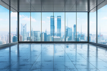 Background image of blue office building glass windows with skyscrapers in the background