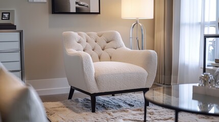 Minimalist Chic: Elegant Living Room with White Boucle Armchair and Sophisticated Decor