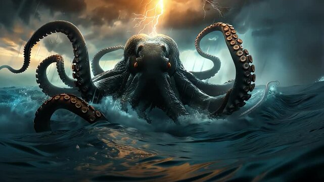 a colossal kraken emerging from the depths of an ocean, its tentacles reaching towards a stormy sky as lightning strikes nearby