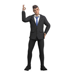 Illustration of a Professional Lawyer. A male lawyer stands with his right hand raised to form an OK symbol and his left hand on his hip, as if agreeing to a presentation. 3D Male