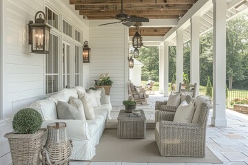 Fototapeta premium Cozy farmhouse front porch with white wicker furniture, rustic lighting, and diverse rocking chair styles, inviting relaxation and a touch of country charm.