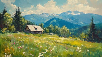 Summer in the Carpathian Mountains, with lush green landscapes, blooming wildflowers, and clear, serene skies.