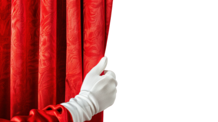 Elegant hand in white glove pulls back red curtain on transparent background