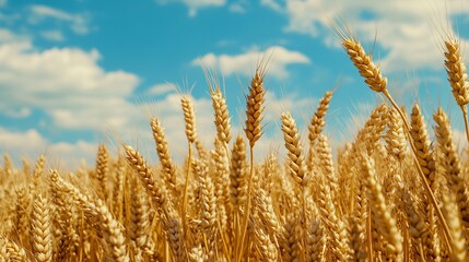 Fototapeta premium A field of yellow, ripe wheat under a blue summer sky, symbolizing the colors of the Ukrainian flag. Ears of grain sway gently in the breeze, representing a bountiful harvest.