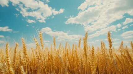 A field of yellow, ripe wheat under a blue summer sky, symbolizing the colors of the Ukrainian flag. Ears of grain sway gently in the breeze, representing a bountiful harvest.