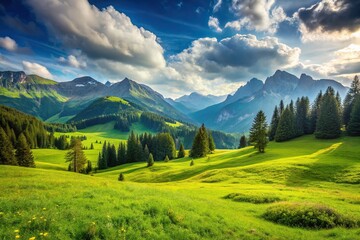 Fototapeta premium Green meadow on a serene mountain landscape with a wide angle view showcasing the beauty of nature, panoramic, idyllic, peaceful, fresh, grassland, beauty, grass, natural, landscape