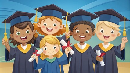 Colorful characters celebrate milestones as cartoon preschool graduates wear graduation caps and gowns, proudly holding