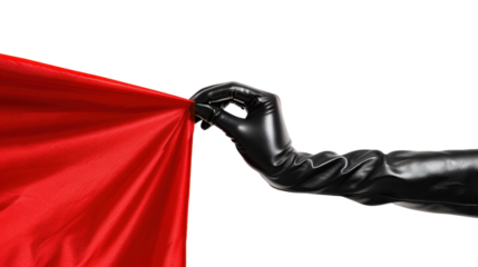 Elegant hand in black glove pulls back red curtain on transparent background