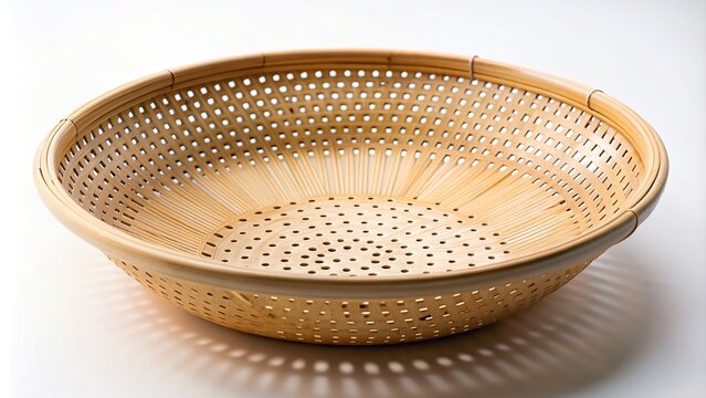 sustainable living, cooking utensils, pattern, detailed, eco-friendly, eco-conscious, plant-based, An extreme close up stock photo of a bamboo colander placed against a white background
