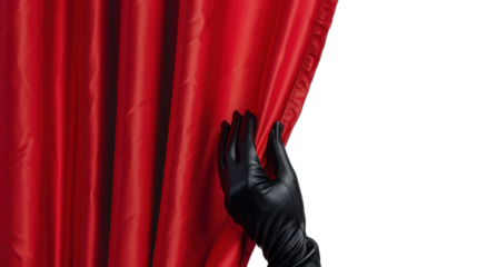 Elegant hand in black glove pulls back red curtain on transparent background