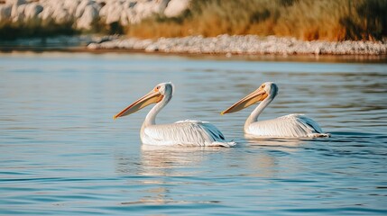White pelican birds gliding across the lake in Aswan, Upper Egypt.