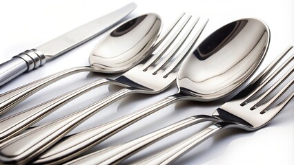 close-up, elegant, isolated, shiny,silver, white background, macro, Silver Cutlery isolated on white background Macro close up shot of shiny and elegant silver spoons forks and knives
