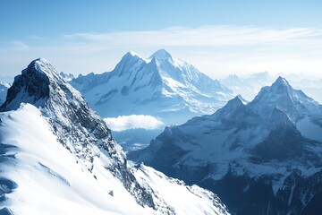 Sunny morning in snow winter mountains. Caucasus Mountains,