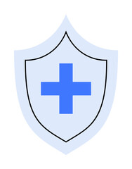 Fototapeta premium Blue cross centered inside a light blue shield, outlined in black. Ideal for healthcare, medical insurance, safety, security, and well-being. Clean, simple, and vector style.