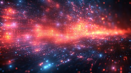 Fototapeta premium Abstract digital landscape with glowing particles and light trails.