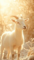 Obraz premium Soft gradient background, a goat standing peacefully in a gentle, warm ambiance with subtle, glowing light, creating a serene scene.
