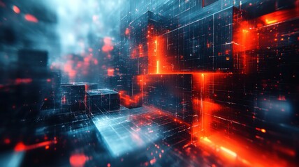 Obraz premium Abstract digital landscape with glowing elements and geometric shapes.