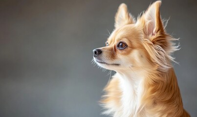 Obraz premium A profile shot of a long-haired Chihuahua, its ears perked, looking intently at something off-camera