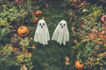 children in  ghost costumes on the street , playfully scaring concept, halloween themed party. vibrant decor,  October event, festive spirit of season