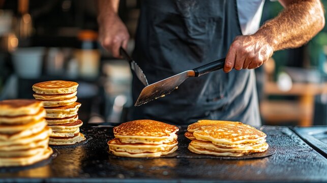 A father holding a spatula, flipping pancakes on a griddle with stacks of golden-brown pancakes beside him