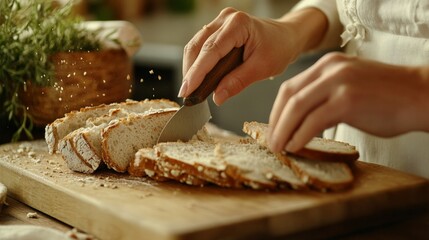 A woman slicing through fresh bread, hands focused on the action, with crumbs scattering onto the cutting board