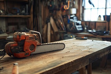 A close-up of a chainsaw resting on a wooden table in a rustic workshop filled with various tools and equipment.