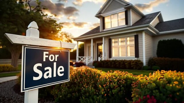A beautifully landscaped house featuring a prominent 'For Sale' sign, ideal for real estate marketing and home buying promotions.