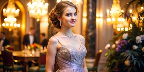 Elegant young woman in a formal gown attends a high-profile gala, her sparkling eyes and radiant smile capturing