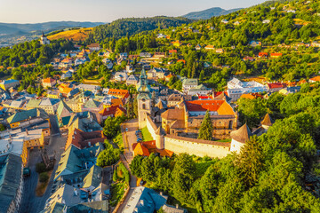 City of Banska Stiavnica with old castle and square,  UNESCO, Slovakia. Old Slovakia mining town of...