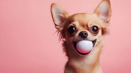 Obraz premium Chihuahua Playfully Holding Golf Ball in Tiny Mouth against Pink Background