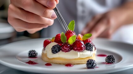 A chef adding the finishing touches to a dessert, carefully placing berries on top with tweezers