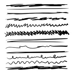 Obraz premium Set of artistic pen brushes. Hand drawn grunge strokes. Doodle lines, various dividers for web sites. Vector illustration