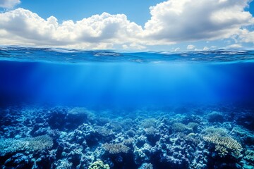 Obraz premium A split view of the ocean surface and coral reefs below The sky is filled with fluffy clouds