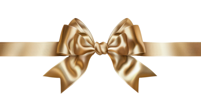 Gold satin Christmas ribbon bow on transparent background