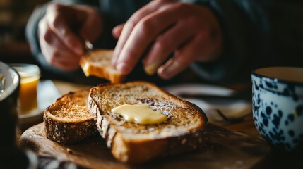 A close-up of hands buttering toast at a breakfast table, the butter melting into the bread