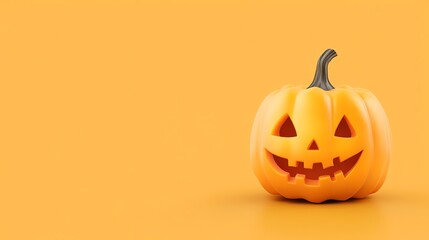 Festive pumpkin carving with a cheerful jack-o'-lantern on an orange background, perfect for Halloween-themed content and autumn decor ideas.