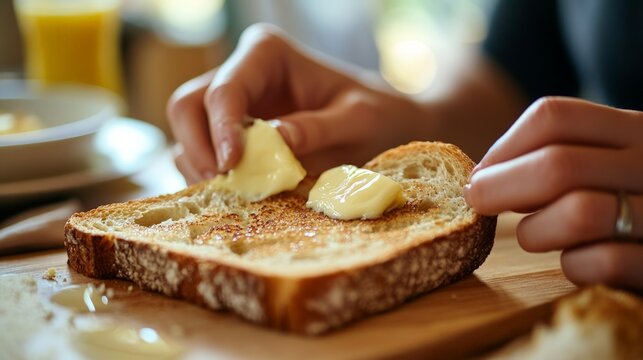 A close-up of hands buttering toast at a breakfast table, the butter melting into the bread